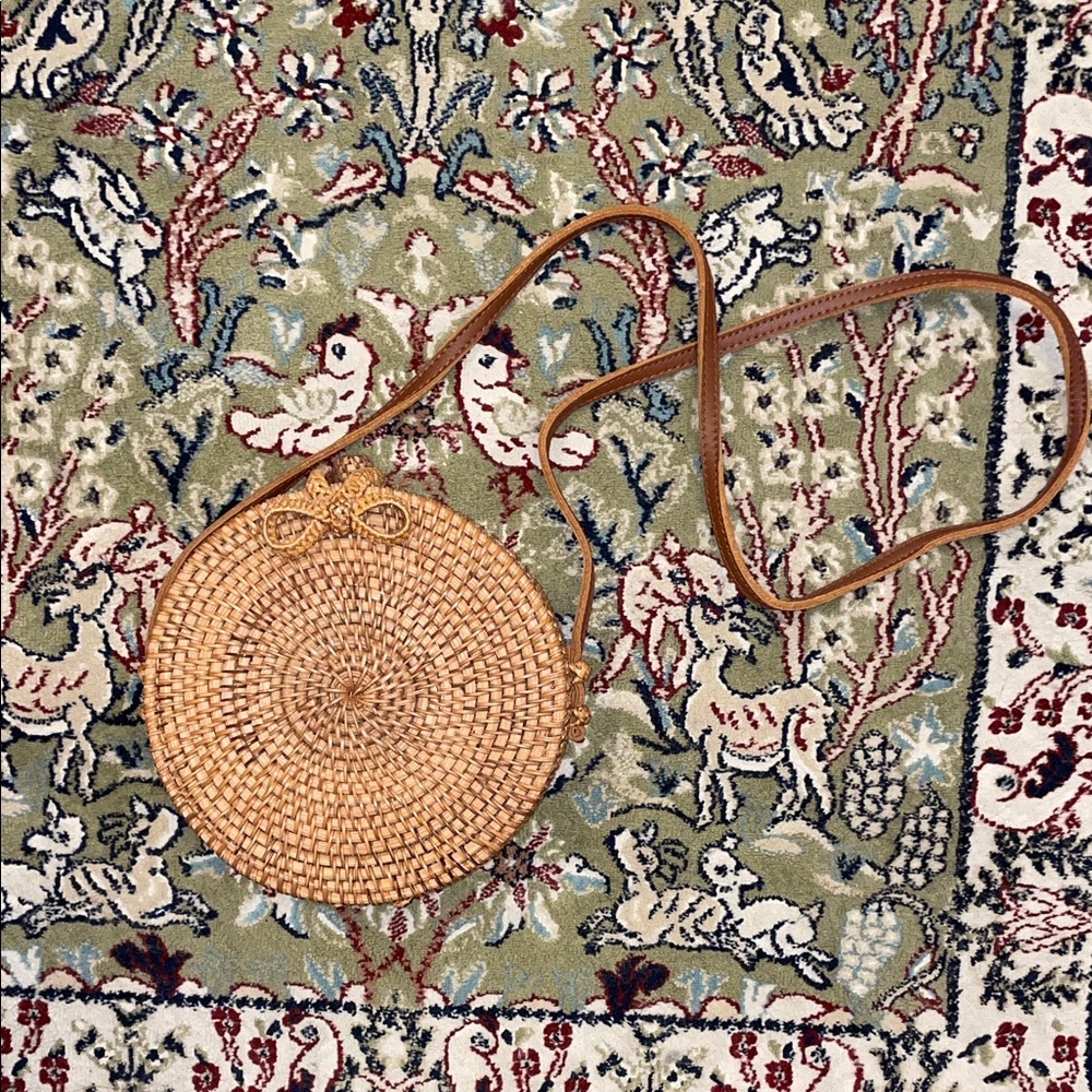 Round Woven Tan Crossbody Bag